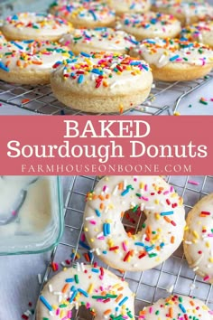 baked sourdough donuts with sprinkles on a cooling rack