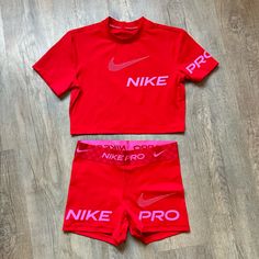 Never Worn Both Size Medium Nike Pro Shorts And Bra Set, Sporty Fitted Short Sets, Fitted Short Sporty Sets, Red Fitted Activewear With Built-in Shorts, Nike Sporty Sports Sets, Red Nike Activewear For Gym, Athleisure Sports Sets With Shorts, Athleisure Short Sets For Sports, Short Athleisure Sets For Sports