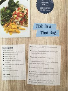 a fish in a thai bag with instructions on the side and an image of fries