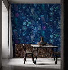 an ocean themed wallpaper with jellyfish and seaweed