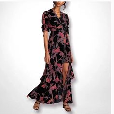 Size L Indulge Your Floral Fixation With This Stunning Velvet Maxi Dress-We Love Pairing It With Boots For A Fabulous Autumnal Ensemble. Viscose, Nylon; Polyester Lining Wrapped Maxi Silhouette Tie Closure Pit To Pit 20” Length 44”Short Skirt Is 18” Waist 16.5” Black Floral Print Maxi Dress For Cocktail, Feminine Black Maxi Dress With Floral Print, Chic Pink Floral Dress For Evening, Pink Floral Print Maxi Dress For Night Out, Pink Floral Maxi Dress For Night Out, Fitted Black Floral Maxi Dress, Black V-neck Maxi Dress In Feminine Style, Black V-neck Maxi Dress, Feminine Style, Black Feminine V-neck Maxi Dress