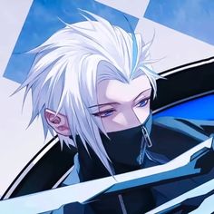 an anime character with white hair and blue eyes