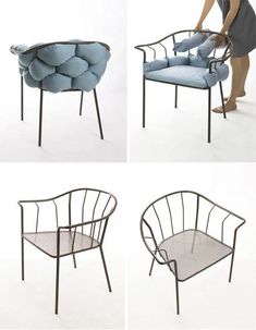 four different views of the same chair, one in blue and one in grey with a woman standing next to it