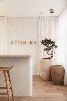 there is a potted plant in the corner of this room with two stools