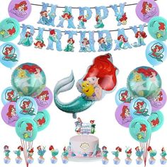 the little mermaid birthday party supplies including balloons and decorations