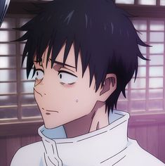 an anime character with black hair wearing a white shirt and looking off into the distance