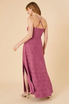 Impress dinner guests with Annie. Designed with a berry satin fabric, she's printed with jacquard florals all-over. Her elegant bodice is comprised of a wrap design, whilst the skirt falls to maxi length and floats beautifully thanks to her side slit. Style her with your comfiest heels and a clutch bag for those special occasions. Comfy Heels, Evening Dress Collection, Pink Evening Dress, Dinner Guests, Satin Maxi, Jacquard Pattern, Satin Maxi Dress, Fall Skirts, Pink Maxi Dress