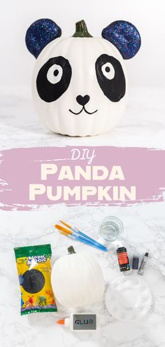 a panda pumpkin with the words diy panda pumpkin painted on it and other supplies