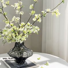 a black vase with white flowers on top of a table next to a magazine and window