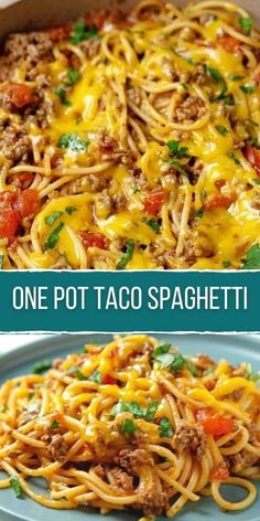 one pot taco spaghetti is shown in two different pictures