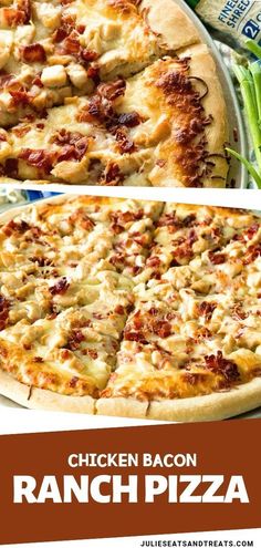 the chicken bacon ranch pizza is ready to be cut into slices and served with green beans