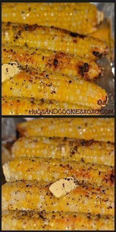 grilled corn on the cob with butter and seasoning is shown in two different ways