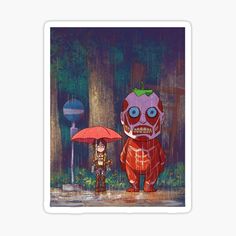 an anime character holding an umbrella and standing next to another character in the rain sticker