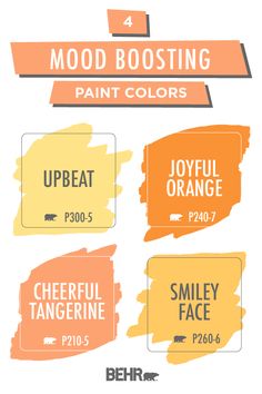 four different types of paint colors with the words mood booster painted on them in orange, yellow