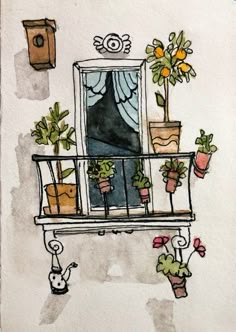 a drawing of a balcony with potted plants and birdhouse on the window sill