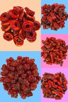 four different types of raisins are shown in three separate pictures, one is red and the other is blue