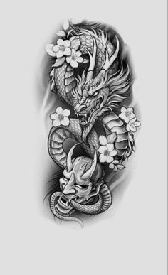 a black and white image of a dragon with flowers on it's back shoulder