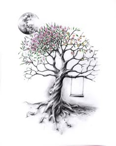 a drawing of a tree with the moon in the background and a swing hanging from it