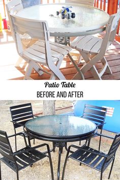 an outdoor table and chairs are shown before and after they were painted with chalk paint