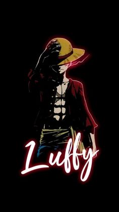 a person wearing a hat and holding a cell phone with the word luffy on it