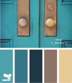 a blue door with some gold handles and knobs on it's side, which is labeled teal doors