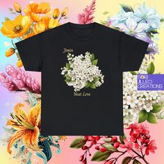 a t - shirt with flowers on it and the words just love written in gold