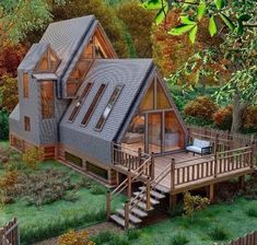 this is an artist's rendering of a house in the woods with stairs leading up to it