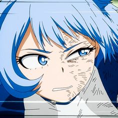 an anime character with blue hair and big eyes looking at the camera while staring into the distance