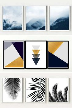 four framed art pieces with different shapes and sizes on the wall above them are palm leaves