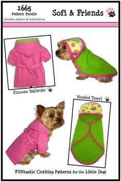 four pictures of small dogs dressed in pink and green clothing, all wearing matching coats