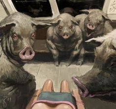 a person laying on the ground in front of some hogs with their eyes open