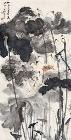 an artistic painting with black and white ink on paper, depicting water lilies in the foreground