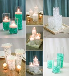 many different shots of candles and vases on a table