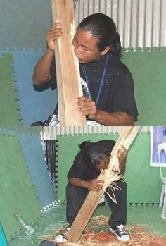 two pictures of a woman holding a wooden cross in front of her face and another photo of the same person