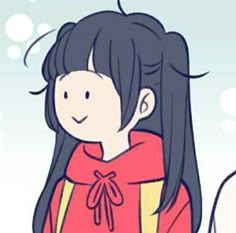 a girl with long black hair wearing a red shirt