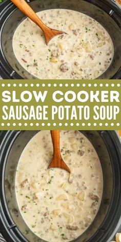 slow cooker sausage potato soup in the crock pot with two wooden spoons