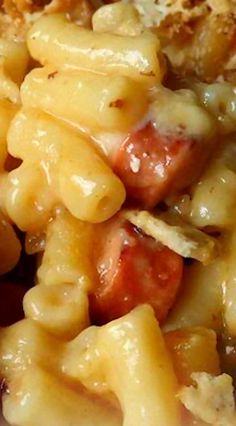 closeup of macaroni and cheese with sausage