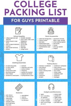 the college packing list for guys is shown in blue and white with purple lettering on it