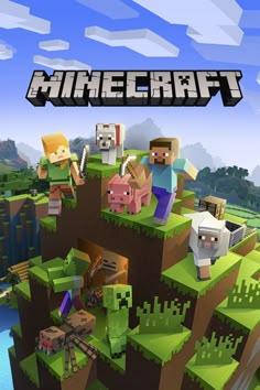 an image of a minecraft game with people standing on top of the mountain in front of them