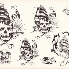 an old school tattoo flash sheet with skulls and crossbones on them, including a pirate ship