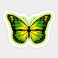 a green and yellow butterfly sticker on a white background