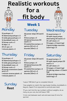 an exercise poster with the words, realistic workouts for a fit body week 1