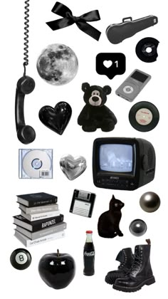 an assortment of items are arranged in the shape of a phone, books, and other things