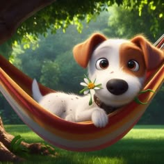 a puppy sitting in a hammock with a daisy in its mouth