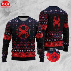 the amazing spiderman christmas sweater with red and black design on it, next to a white background