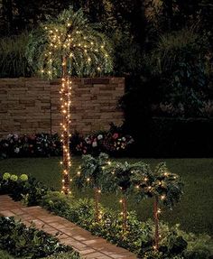 a lighted palm tree in the middle of a garden