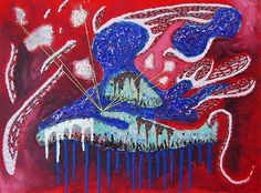 an abstract painting with red, blue and white paint drips down the side of it