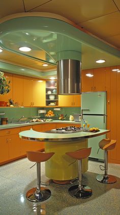 a kitchen with an island and two stools