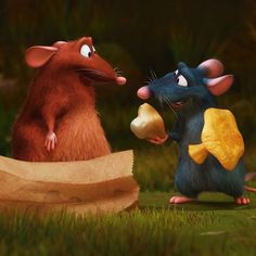 two mice are standing next to each other in the grass and one is eating something