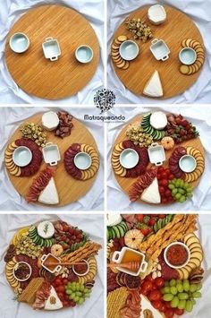 several pictures of different food items on a wooden platter with cheeses and saucers